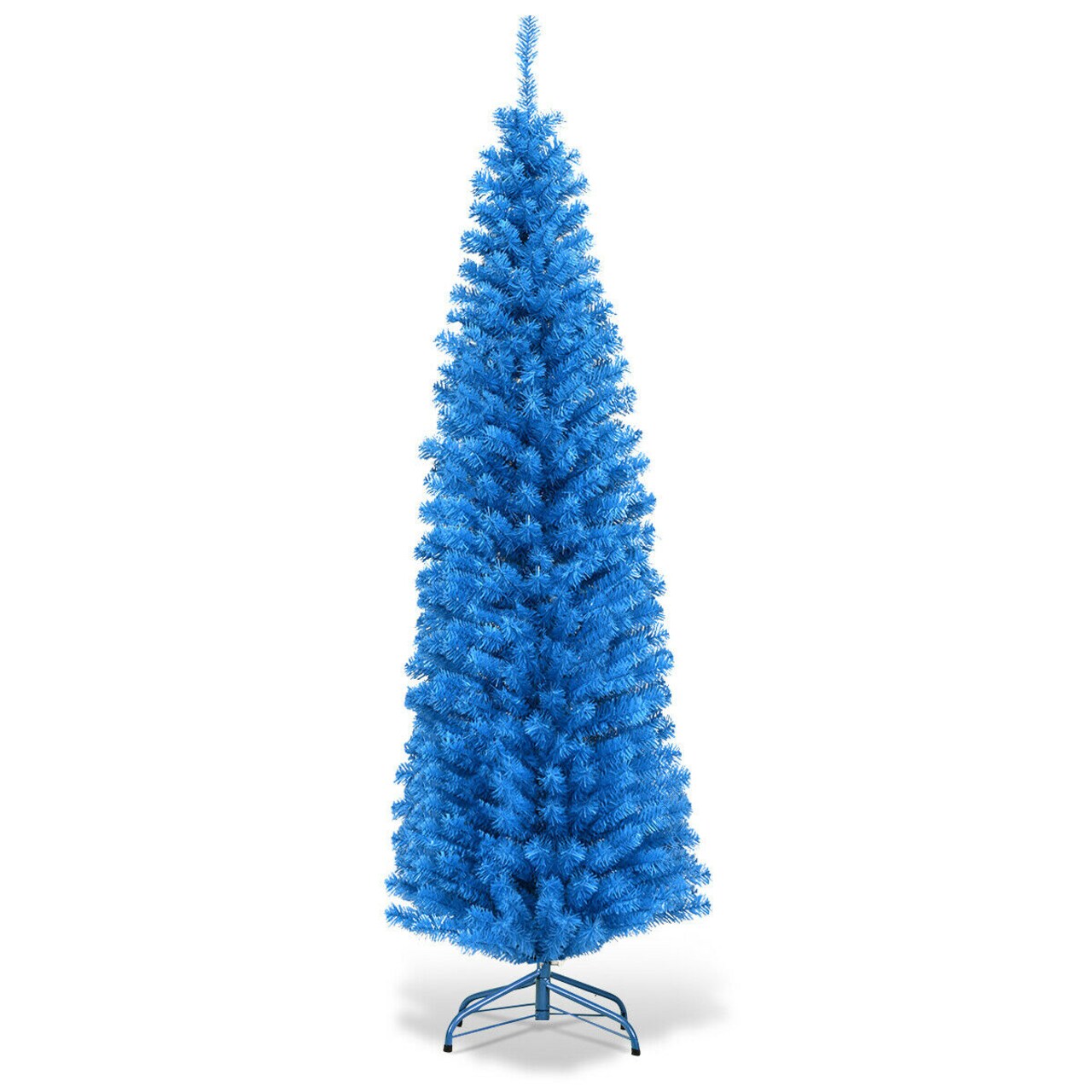 6ft Blue PVC Pencil Christmas Tree with 520 Tips, Metal Stand, Slim Space-Saving Design and Unique Holiday Look